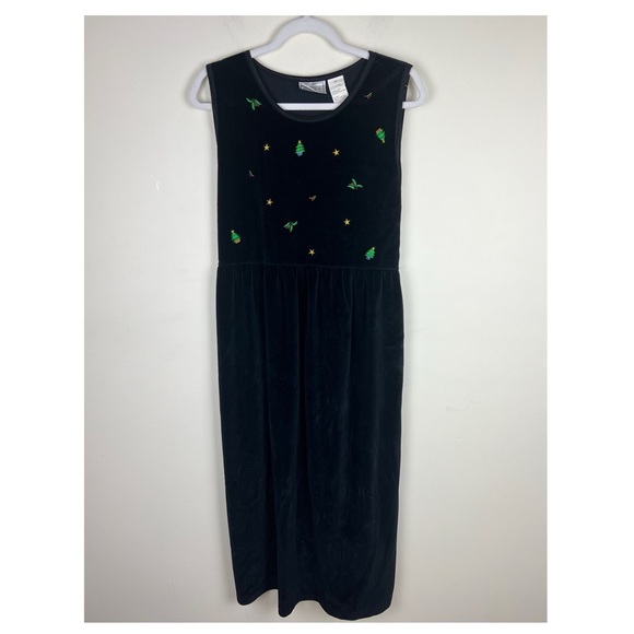 Erika Studio | Vintage 80s 90s Velvet Christmas Embroidered Black Dress | L/XL - Picture 1 of 7